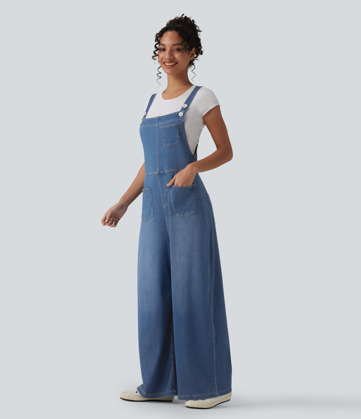 Adjustable Straps Draped Lyocell Washed Casual Baggy Dungarees with Pockets — Blue Jasper Denim — view 3