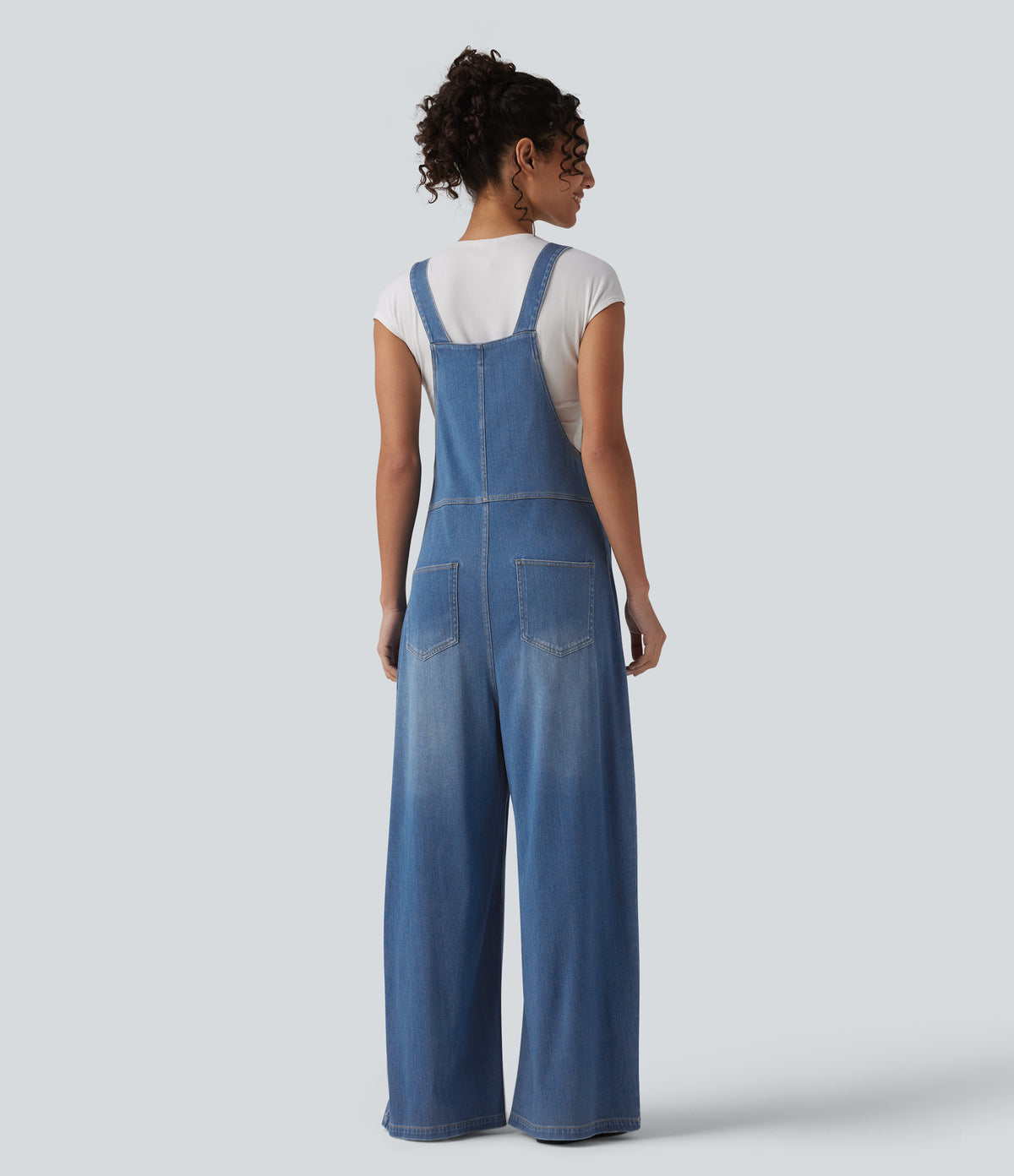 Adjustable Straps Draped Lyocell Washed Casual Baggy Dungarees with Pockets — Blue Jasper Denim — view 2