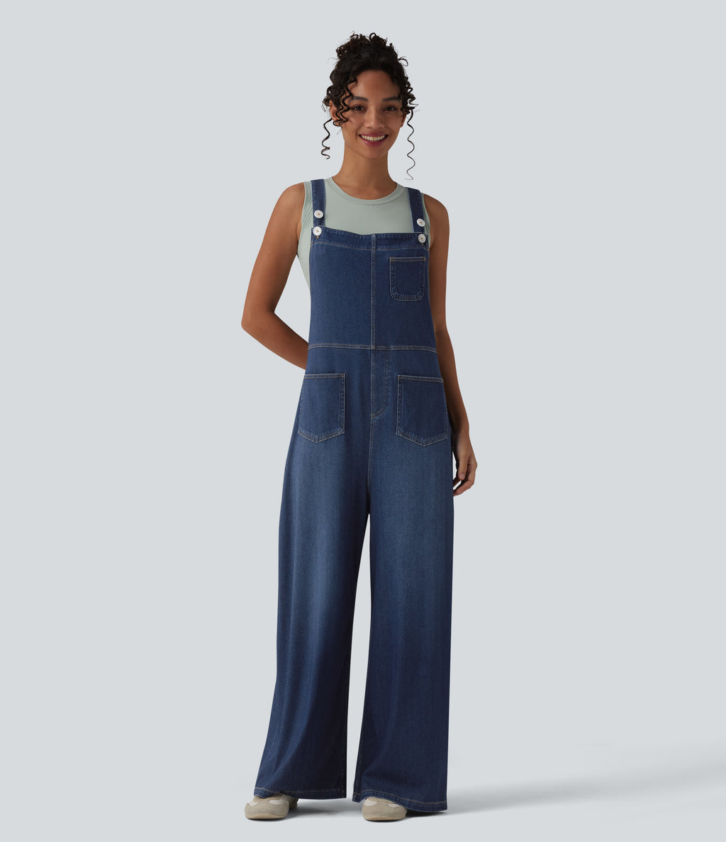 Adjustable Straps Draped Lyocell Washed Casual Baggy Dungarees with Pockets — Pageant Blue Denim — view 6