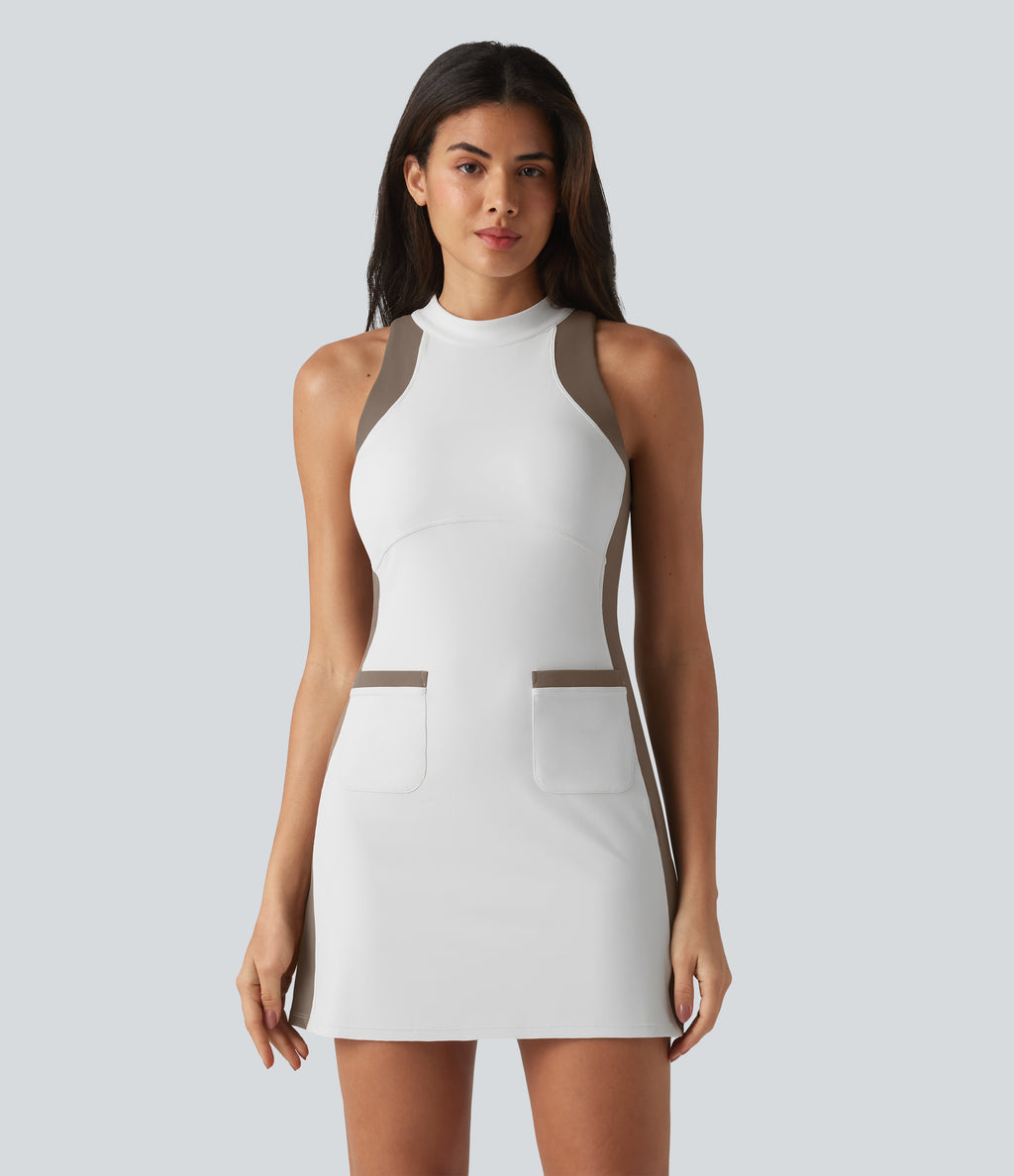 Mock Neck Sleeveless Color Block Mini Golf Dress with Pockets — White — view 4