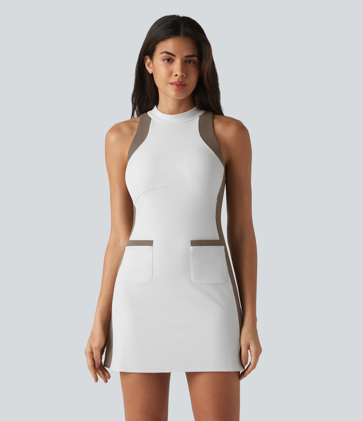 Mock Neck Sleeveless Color Block Mini Golf Dress with Pockets — White — view 4