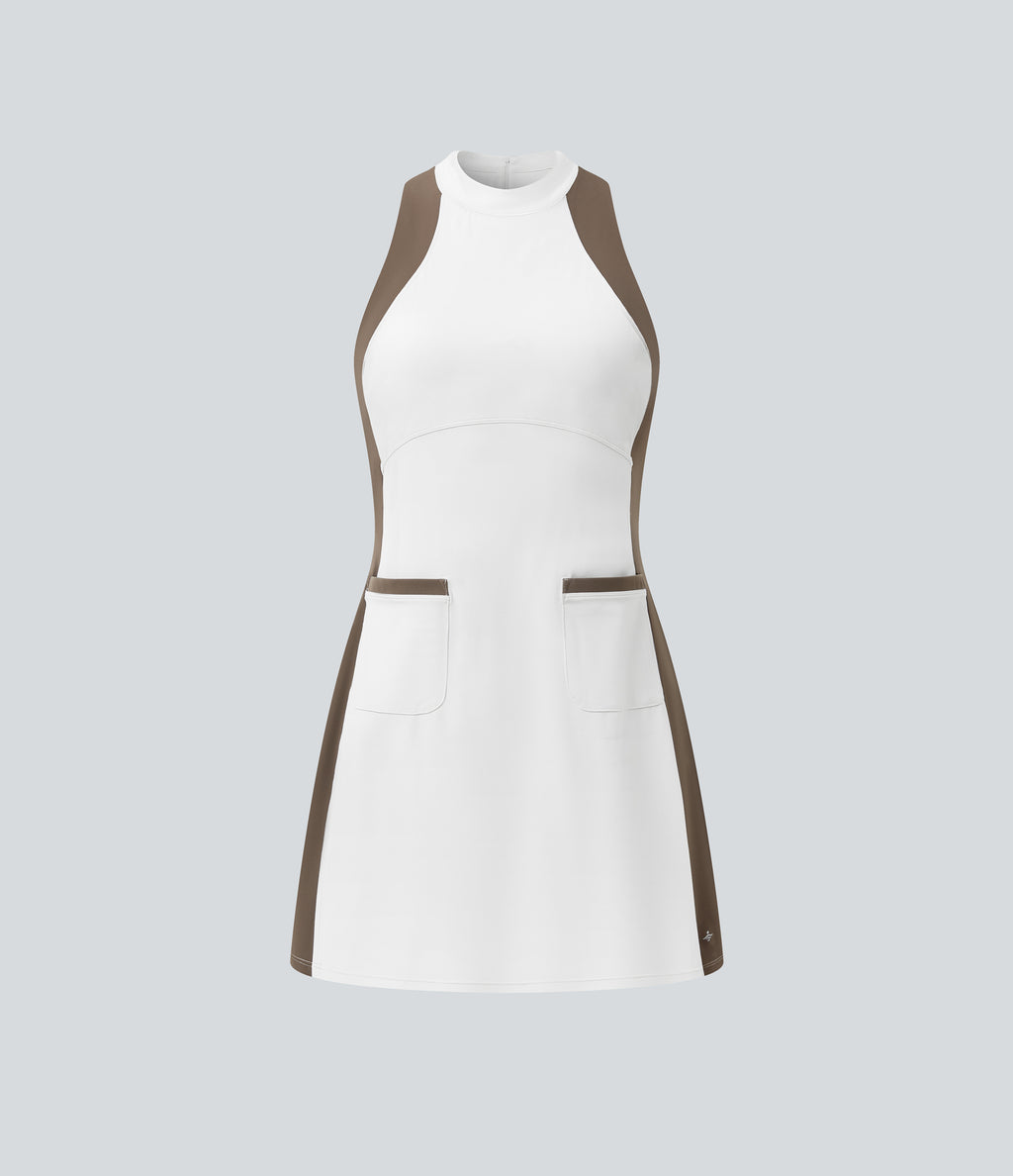 Mock Neck Sleeveless Color Block Mini Golf Dress with Pockets — White — view 8