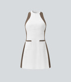 Mock Neck Sleeveless Color Block Mini Golf Dress with Pockets — White — view 8