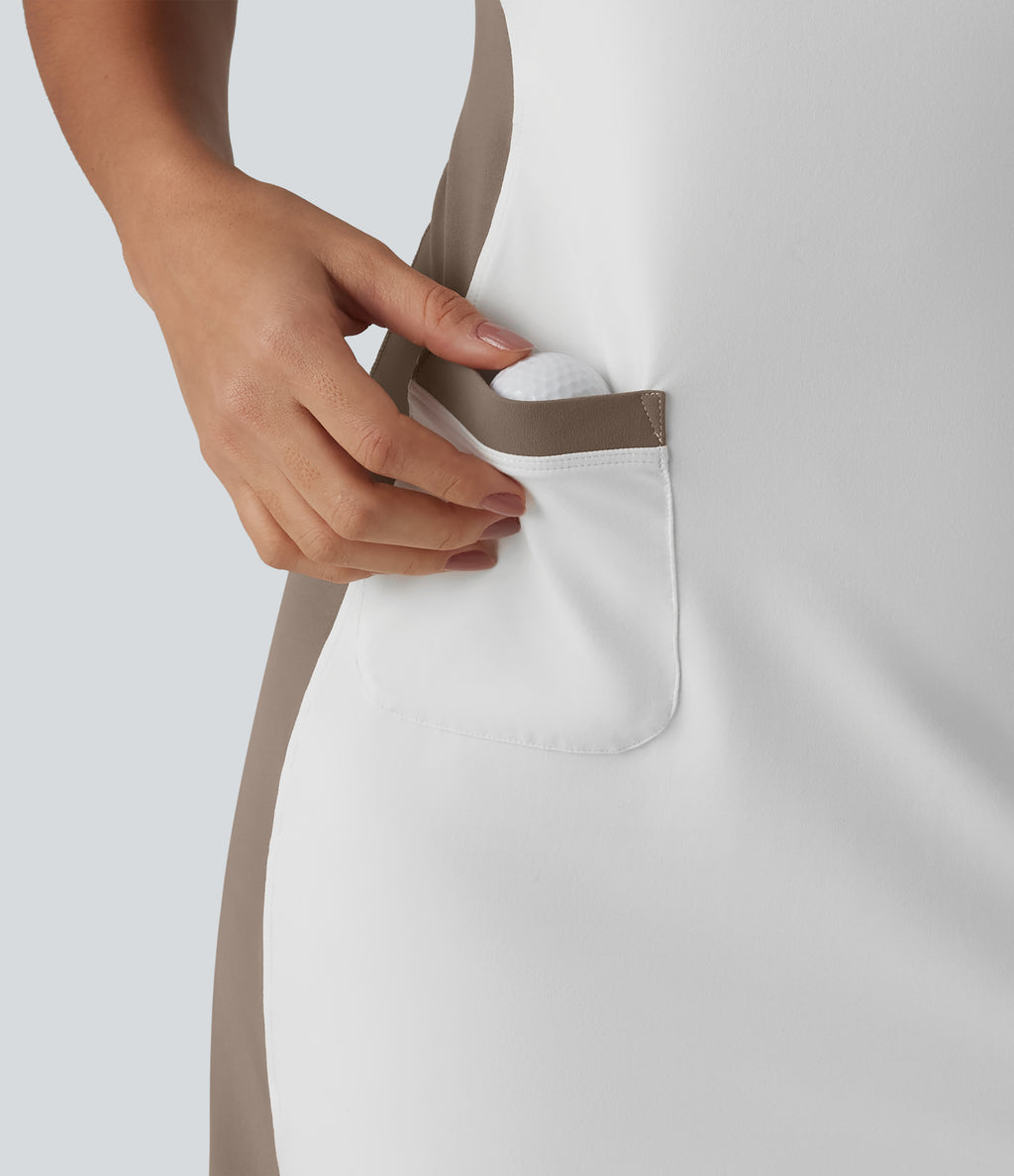Mock Neck Sleeveless Color Block Mini Golf Dress with Pockets — White — view 5