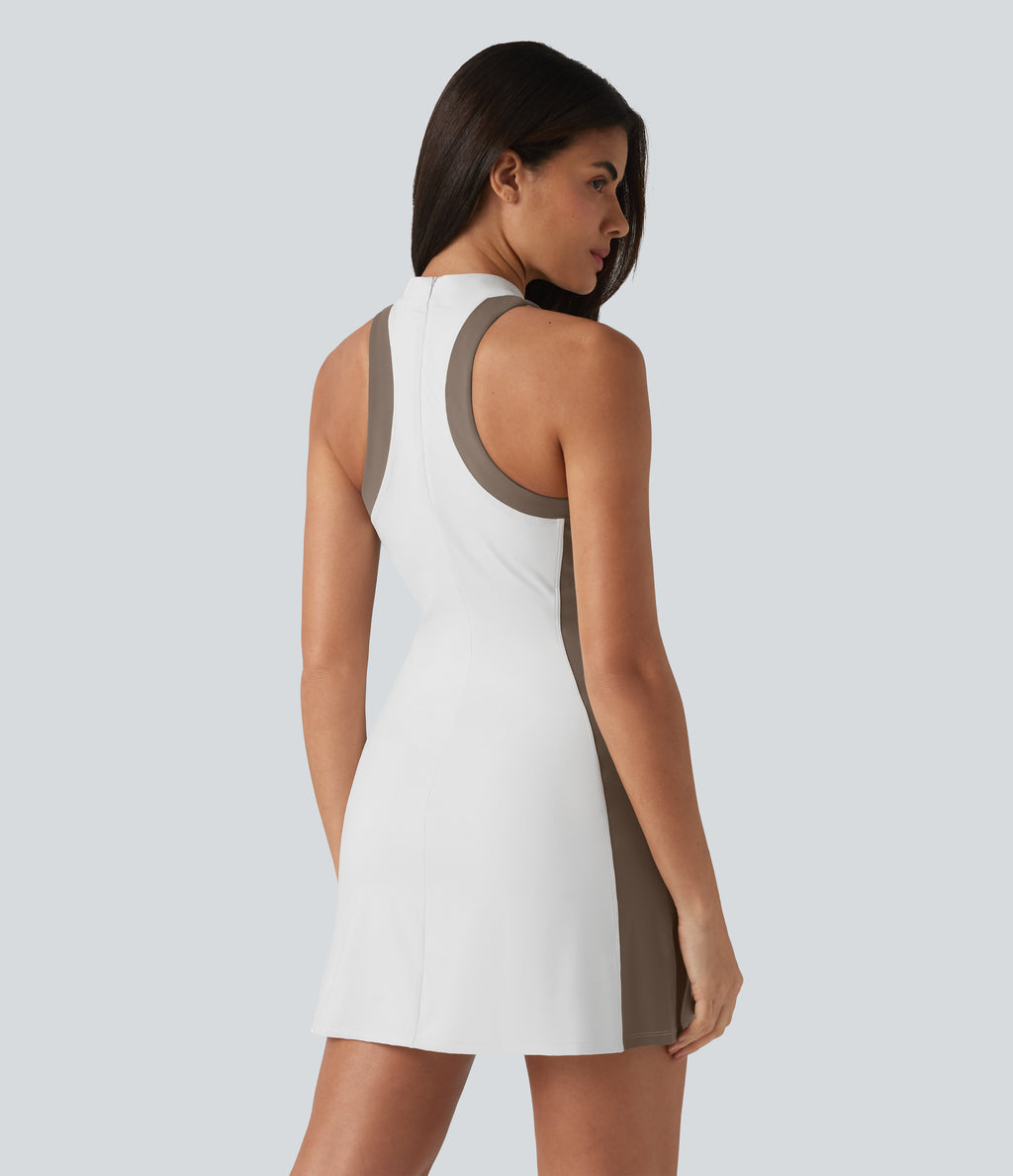 Mock Neck Sleeveless Color Block Mini Golf Dress with Pockets — White — view 2