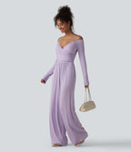 Ribbed Halter Tie Back Off Shoulder Built-in Bra Long Sleeve Casual Jumpsuit with Pockets — Misty Purple — view 6