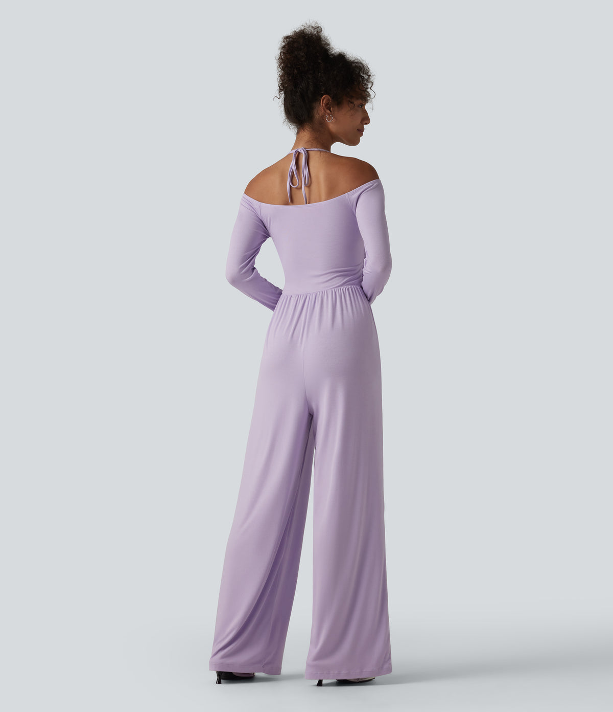 Ribbed Halter Tie Back Off Shoulder Built-in Bra Long Sleeve Casual Jumpsuit with Pockets — Misty Purple — view 2