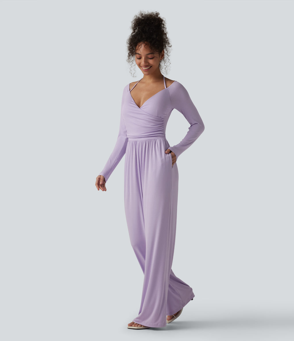 Ribbed Halter Tie Back Off Shoulder Built-in Bra Long Sleeve Casual Jumpsuit with Pockets — Misty Purple — view 3
