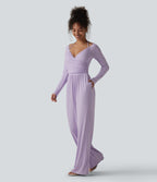 Ribbed Halter Tie Back Off Shoulder Built-in Bra Long Sleeve Casual Jumpsuit with Pockets — Misty Purple — view 3