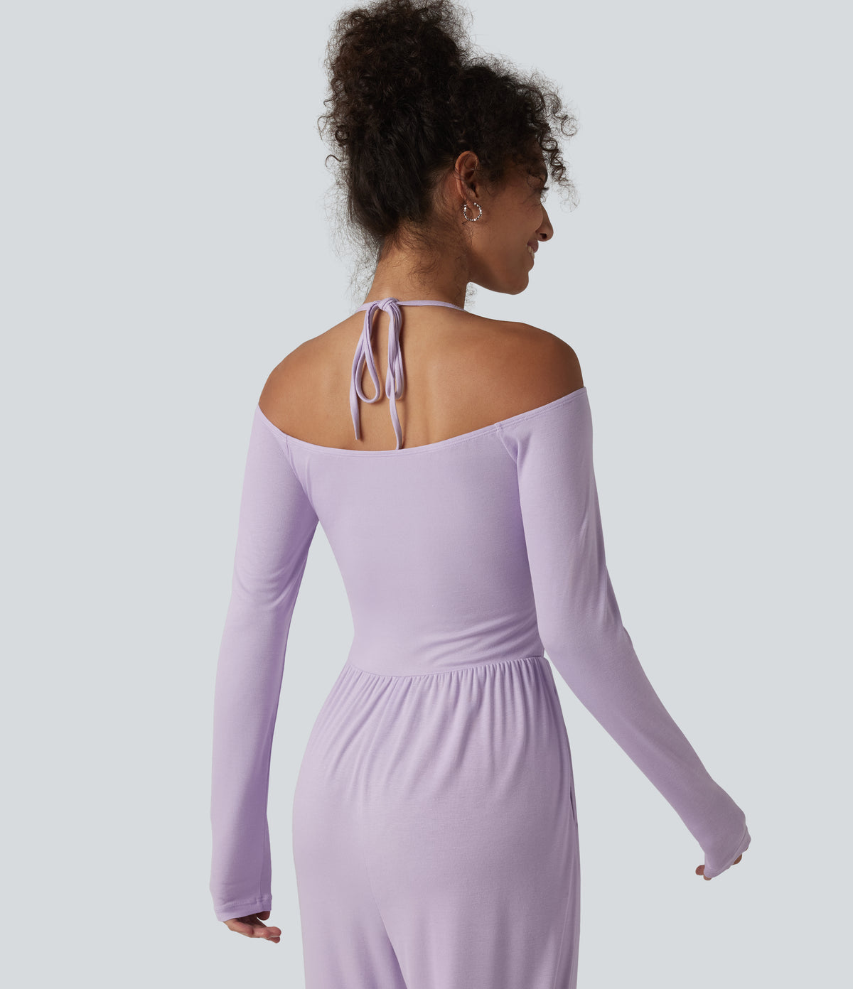Ribbed Halter Tie Back Off Shoulder Built-in Bra Long Sleeve Casual Jumpsuit with Pockets — Misty Purple — view 4
