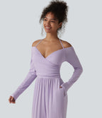 Ribbed Halter Tie Back Off Shoulder Built-in Bra Long Sleeve Casual Jumpsuit with Pockets — Misty Purple — view 5