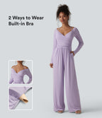 Ribbed Halter Tie Back Off Shoulder Built-in Bra Long Sleeve Casual Jumpsuit with Pockets — Misty Purple — view 1