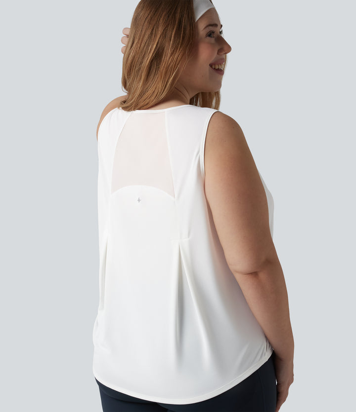 Plus Size Contrast Mesh Curved Hem Running Tank Top — White — view 1