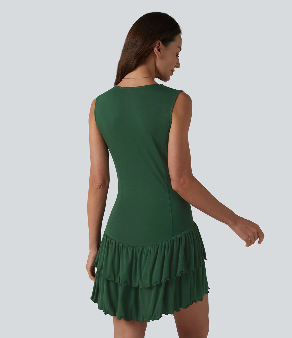 Ribbed V Neck Sleeveless Layered Ruffle Hem Mini Dress — Dark Verdant Green — view 2