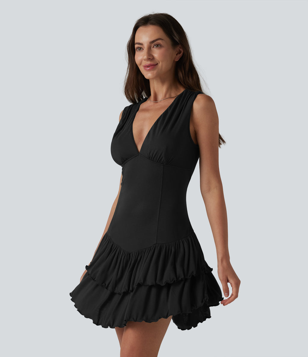 Ribbed V Neck Sleeveless Layered Ruffle Hem Mini Dress — Black — view 6