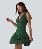 Ribbed V Neck Sleeveless Layered Ruffle Hem Mini Dress — Dark Verdant Green — view 1