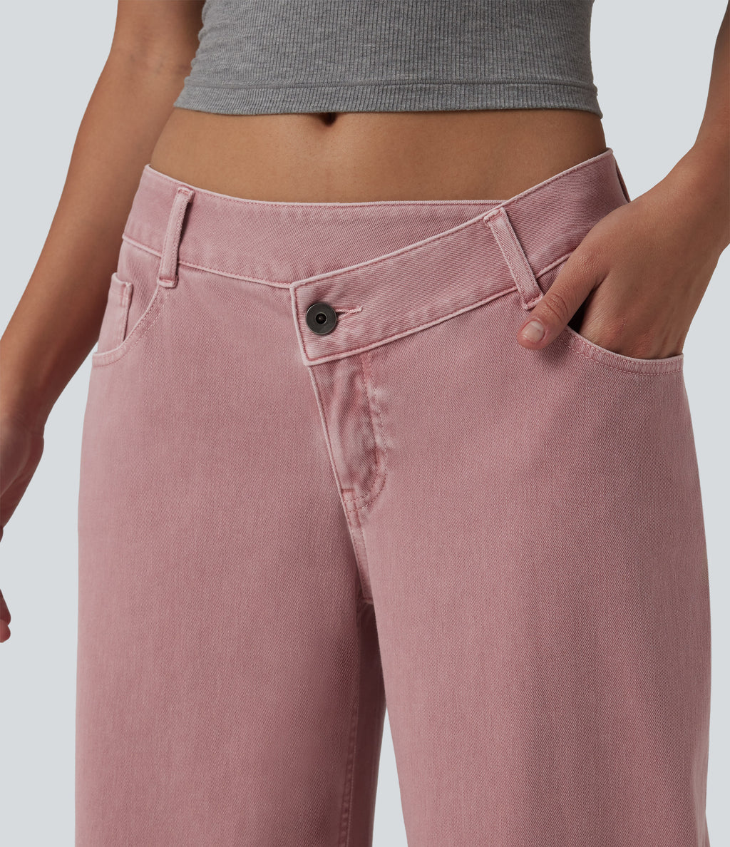 Asymmetric Low Rise Wide Leg Colorful Casual Jeans with Pockets — Romance Rose — view 4