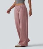 Asymmetric Low Rise Wide Leg Colorful Casual Jeans with Pockets — Romance Rose — view 3