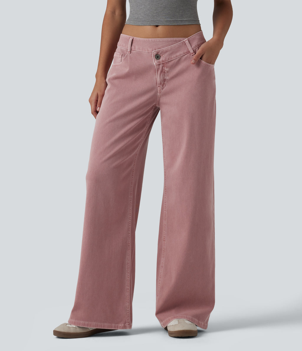 Asymmetric Low Rise Wide Leg Colorful Casual Jeans with Pockets — Romance Rose — view 1