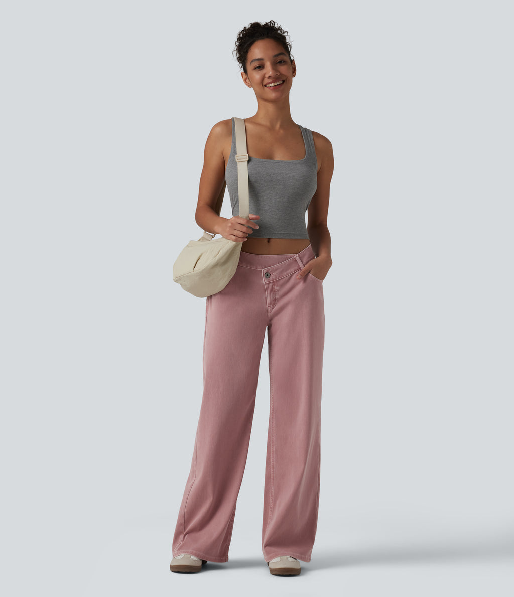 Asymmetric Low Rise Wide Leg Colorful Casual Jeans with Pockets — Romance Rose — view 6