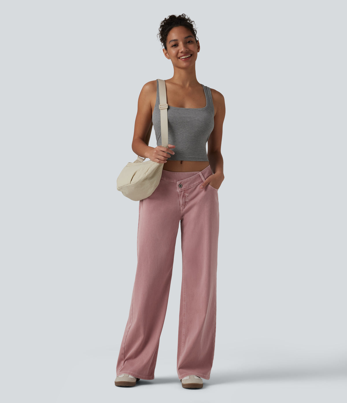 Asymmetric Low Rise Wide Leg Colorful Casual Jeans with Pockets — Romance Rose — view 6