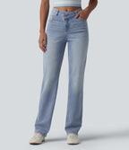Asymmetric High Waisted Casual Straight Leg Jeans with Pockets — Powder Blue Denim — view 1