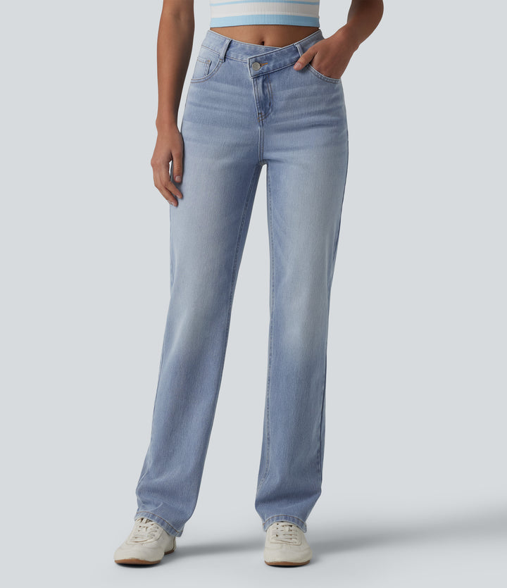 Asymmetric High Waisted Casual Straight Leg Jeans with Pockets — Powder Blue Denim — view 1