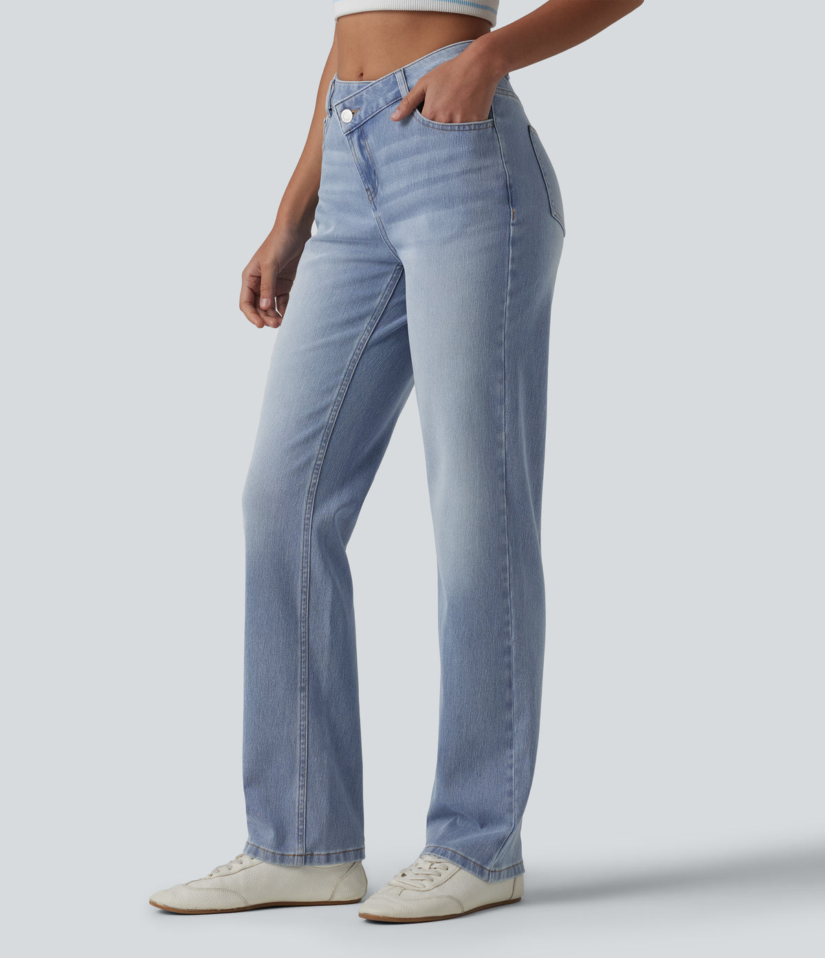 Asymmetric High Waisted Casual Straight Leg Jeans with Pockets — Powder Blue Denim — view 3