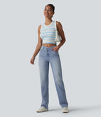 Asymmetric High Waisted Casual Straight Leg Jeans with Pockets — Powder Blue Denim — view 6