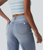 Asymmetric High Waisted Casual Straight Leg Jeans with Pockets — Powder Blue Denim — view 5