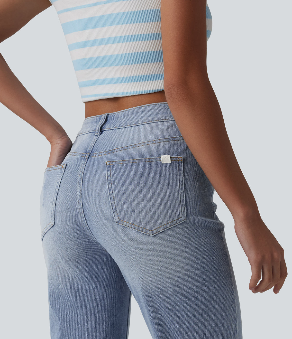 Asymmetric High Waisted Casual Straight Leg Jeans with Pockets — Powder Blue Denim — view 5