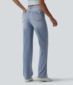 Asymmetric High Waisted Casual Straight Leg Jeans with Pockets — Powder Blue Denim — view 2