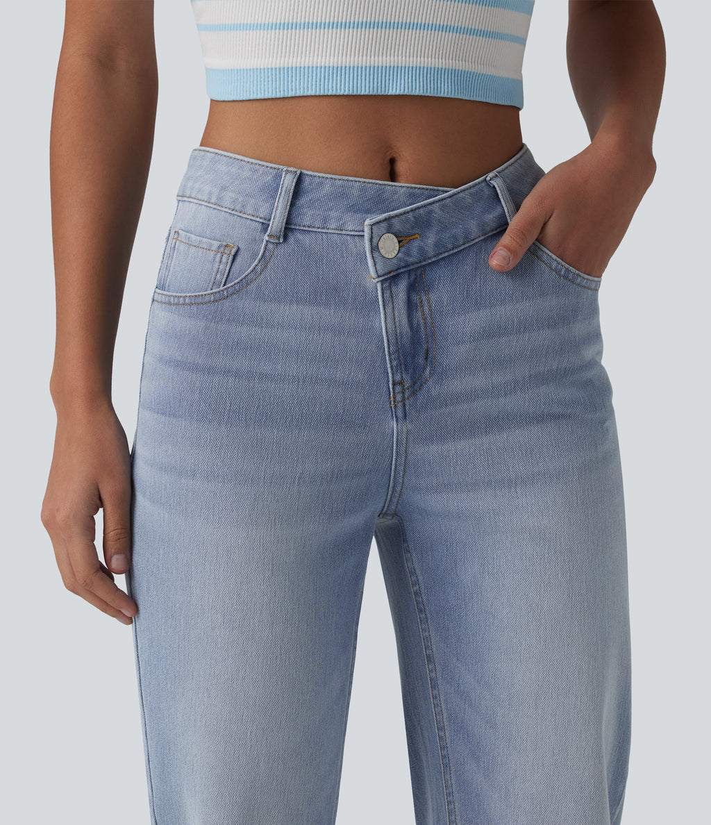 Asymmetric High Waisted Casual Straight Leg Jeans with Pockets — Powder Blue Denim — view 4