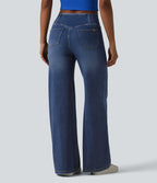 Crossover High Waisted Draped Lyocell Washed Casual Baggy Jeans with Pockets — Tide Blue Denim — view 2