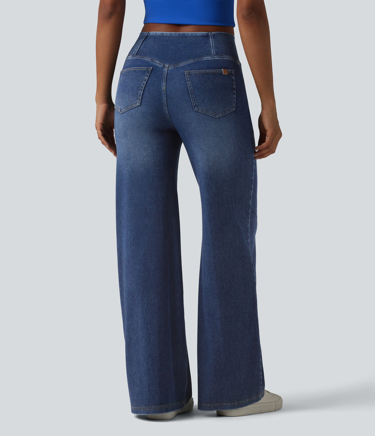 Crossover High Waisted Draped Lyocell Washed Casual Baggy Jeans with Pockets — Tide Blue Denim — view 2