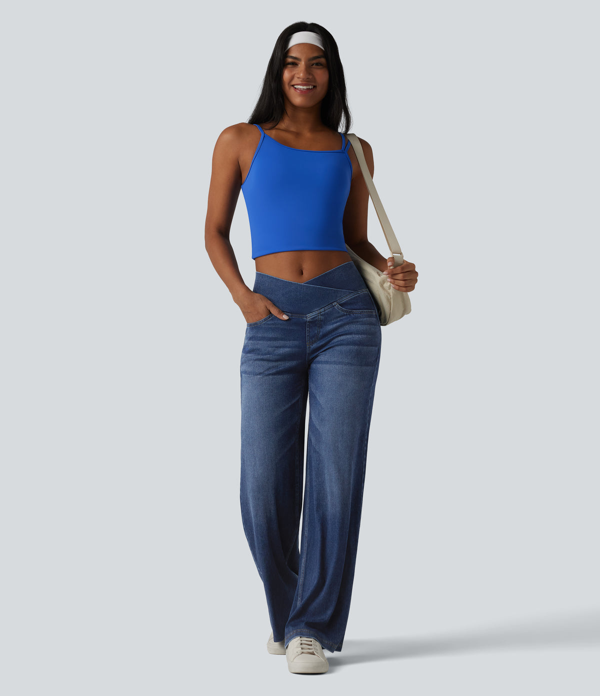 Crossover High Waisted Draped Lyocell Washed Casual Baggy Jeans with Pockets — Tide Blue Denim — view 6