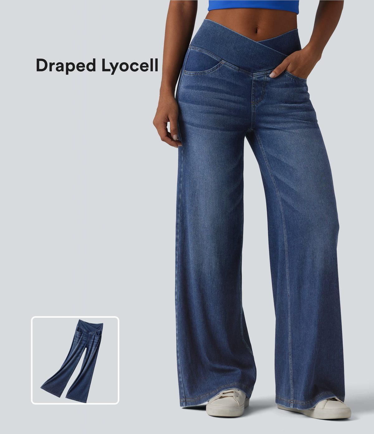 Crossover High Waisted Draped Lyocell Washed Casual Baggy Jeans with Pockets — Tide Blue Denim — view 1