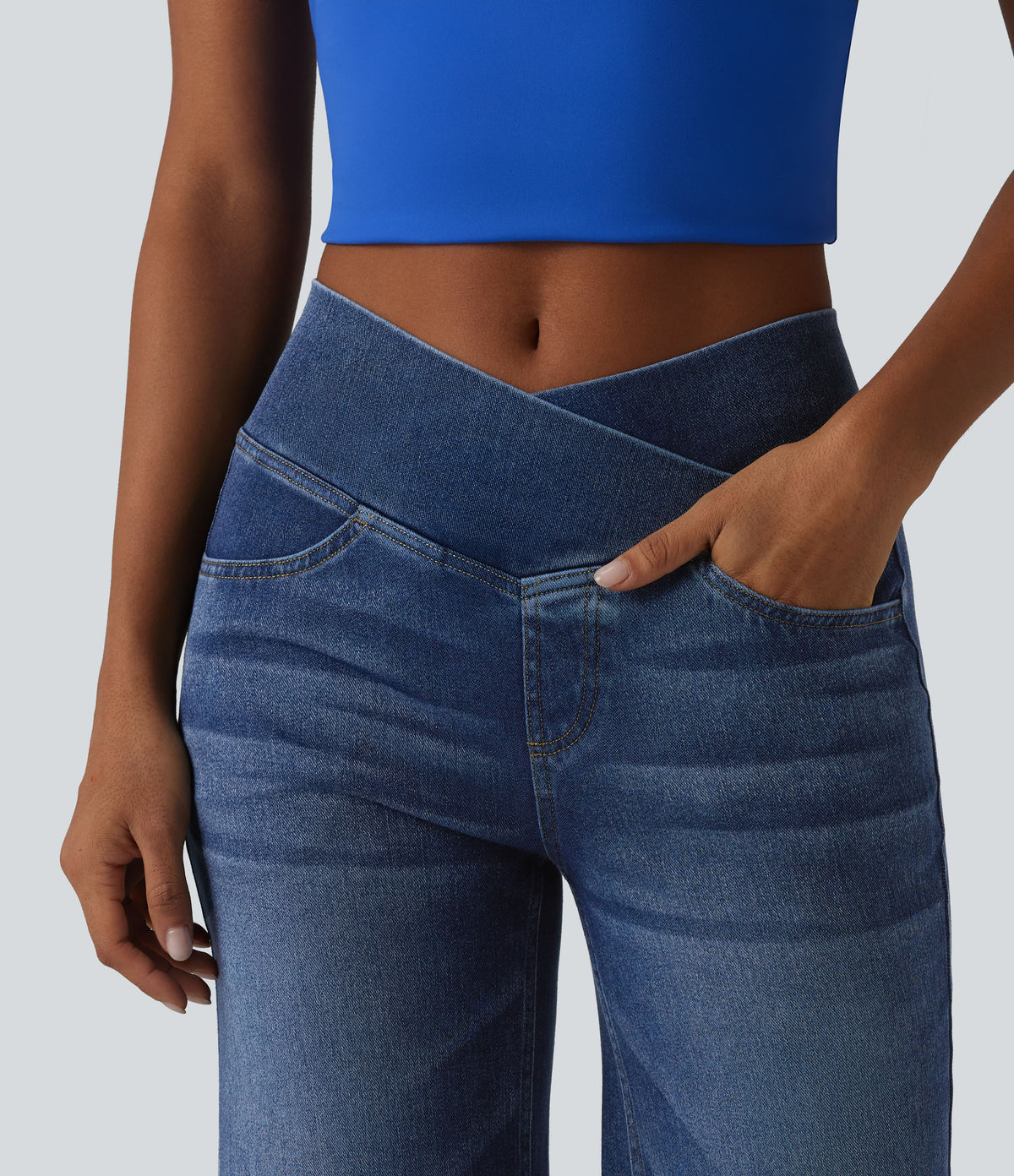 Crossover High Waisted Draped Lyocell Washed Casual Baggy Jeans with Pockets — Tide Blue Denim — view 4