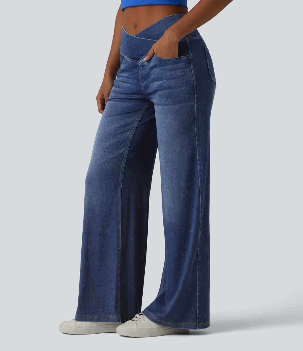 Crossover High Waisted Draped Lyocell Washed Casual Baggy Jeans with Pockets — Tide Blue Denim — view 3