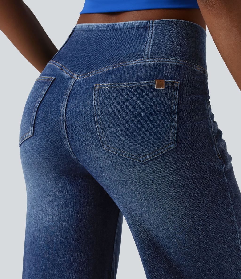 Crossover High Waisted Draped Lyocell Washed Casual Baggy Jeans with Pockets — Tide Blue Denim — view 5