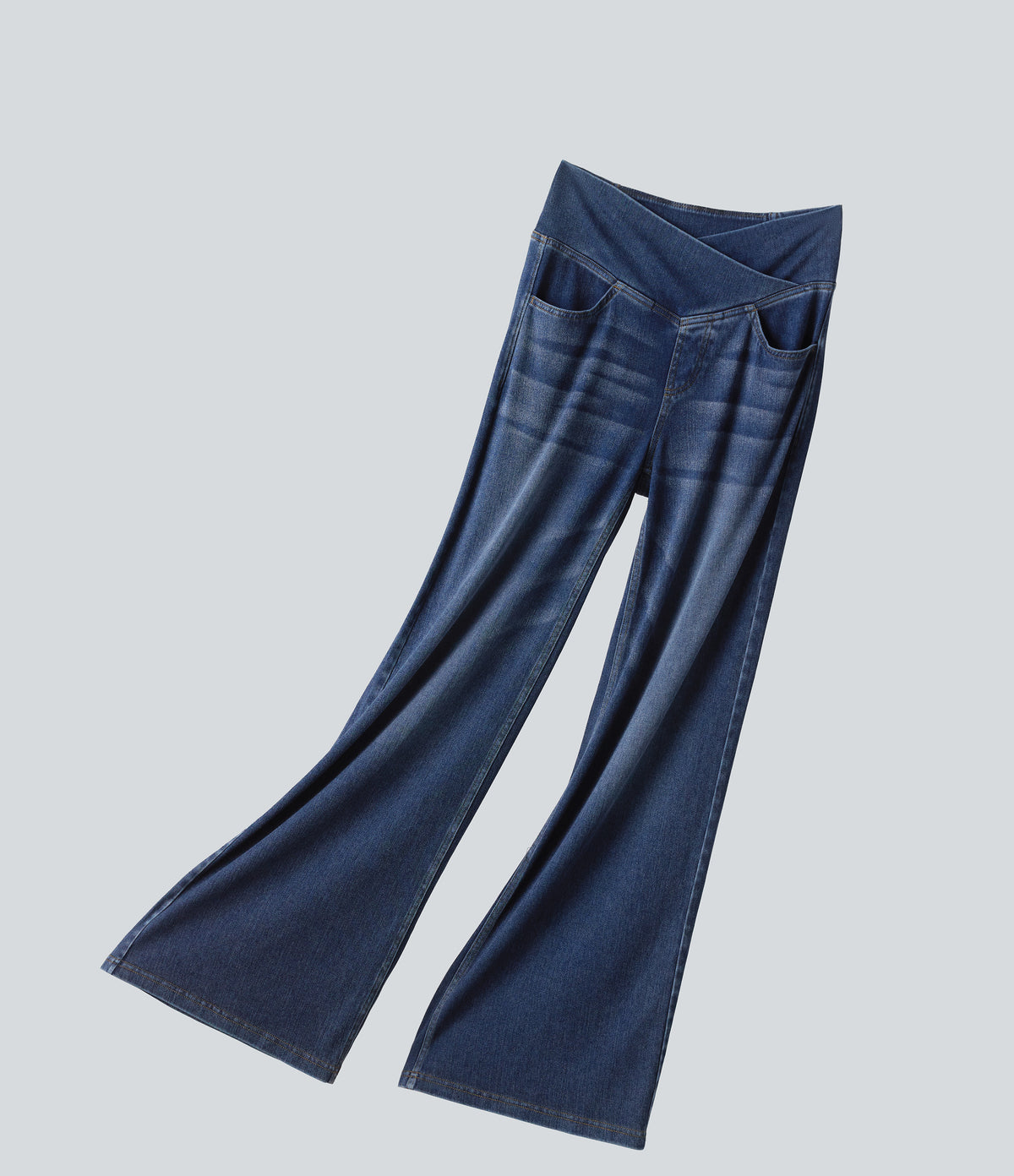 Crossover High Waisted Draped Lyocell Washed Casual Baggy Jeans with Pockets — Tide Blue Denim — view 7