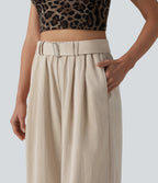 High Waisted Belted Linen-Feel Casual Cropped Baggy Trousers with Pockets — Dune Mirage — view 6