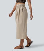 High Waisted Belted Linen-Feel Casual Cropped Baggy Trousers with Pockets — Dune Mirage — view 4