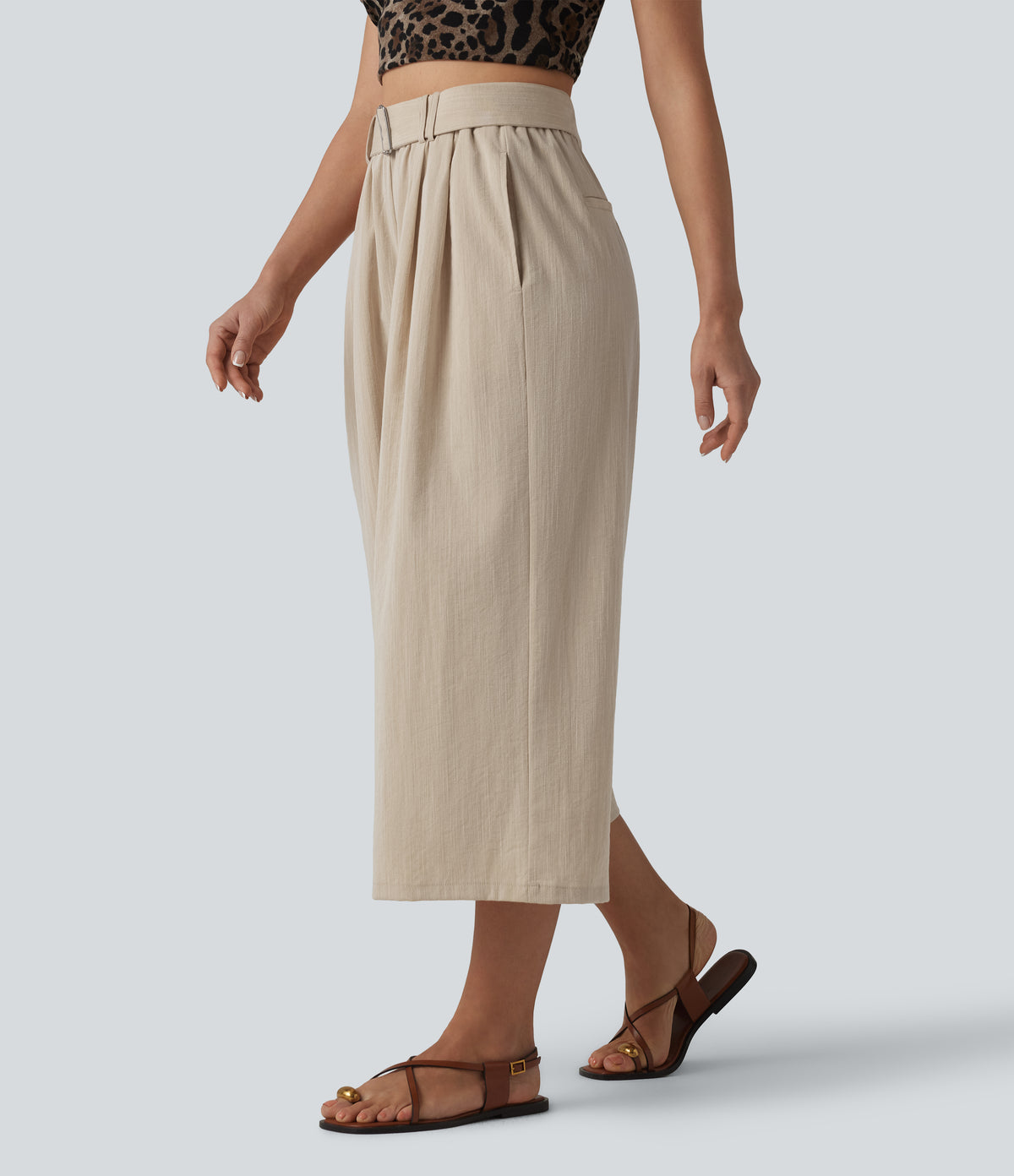 High Waisted Belted Linen-Feel Casual Cropped Baggy Trousers with Pockets — Dune Mirage — view 4