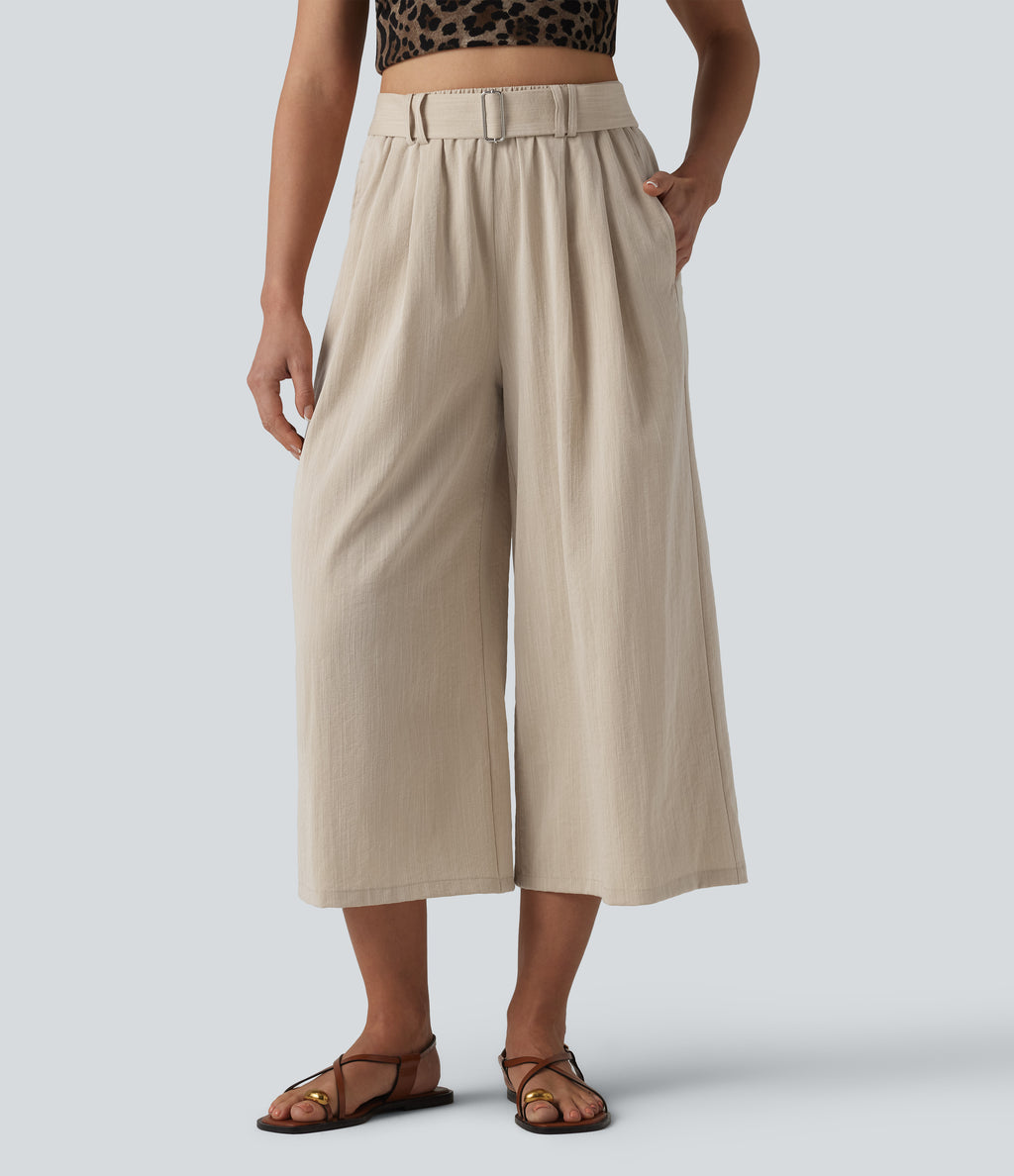 High Waisted Belted Linen-Feel Casual Cropped Baggy Trousers with Pockets — Dune Mirage — view 2