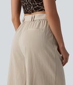 High Waisted Belted Linen-Feel Casual Cropped Baggy Trousers with Pockets — Dune Mirage — view 7