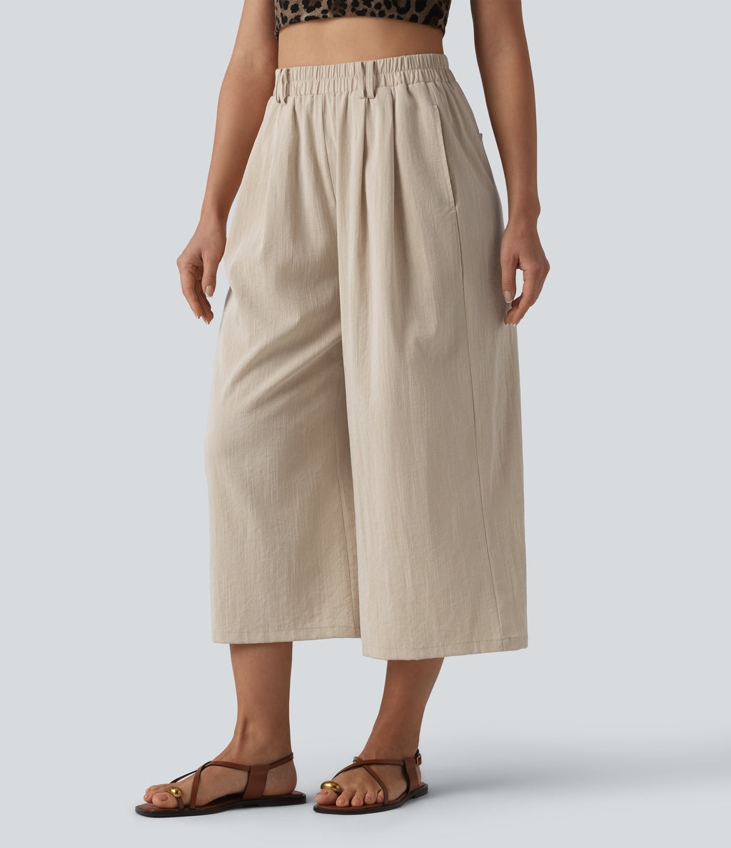 High Waisted Belted Linen-Feel Casual Cropped Baggy Trousers with Pockets — Dune Mirage — view 5