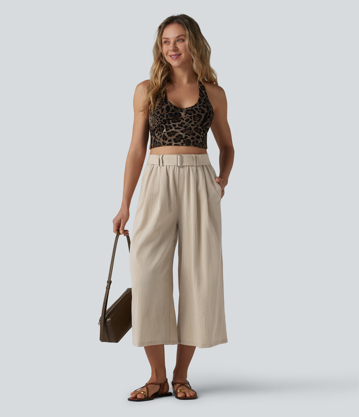 High Waisted Belted Linen-Feel Casual Cropped Baggy Trousers with Pockets — Dune Mirage — view 1