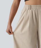High Waisted Belted Linen-Feel Casual Cropped Baggy Trousers with Pockets — Dune Mirage — view 8