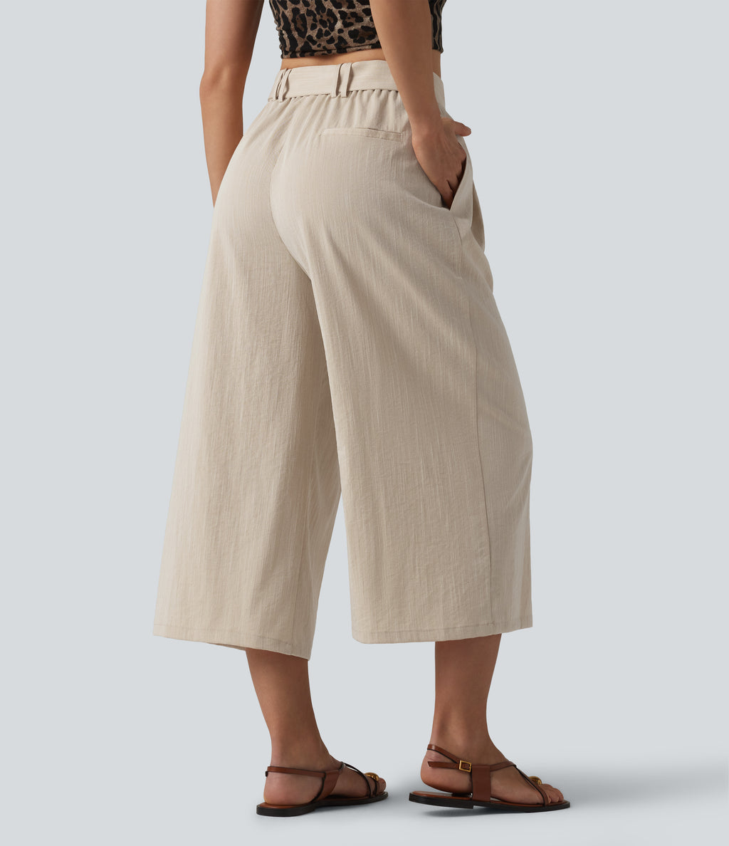 High Waisted Belted Linen-Feel Casual Cropped Baggy Trousers with Pockets — Dune Mirage — view 3